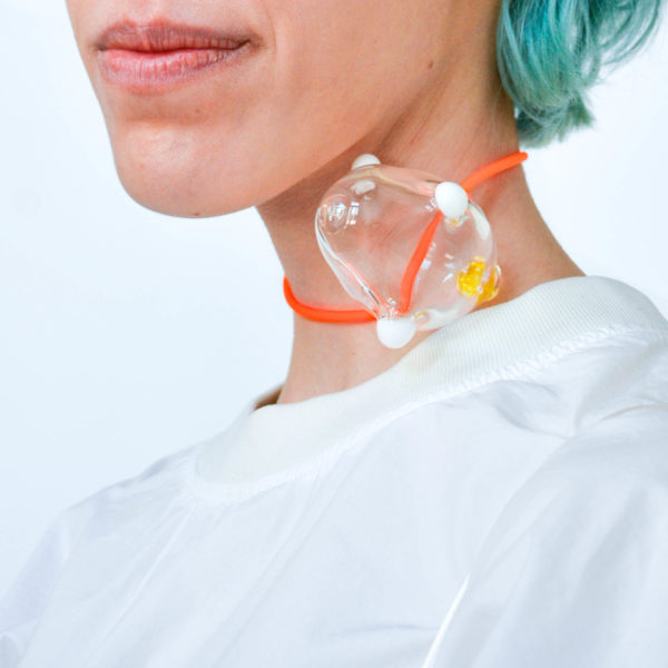 Transparent Borosilicate Glass Bubble With White And Yellow Details And Rubber Orange Cord